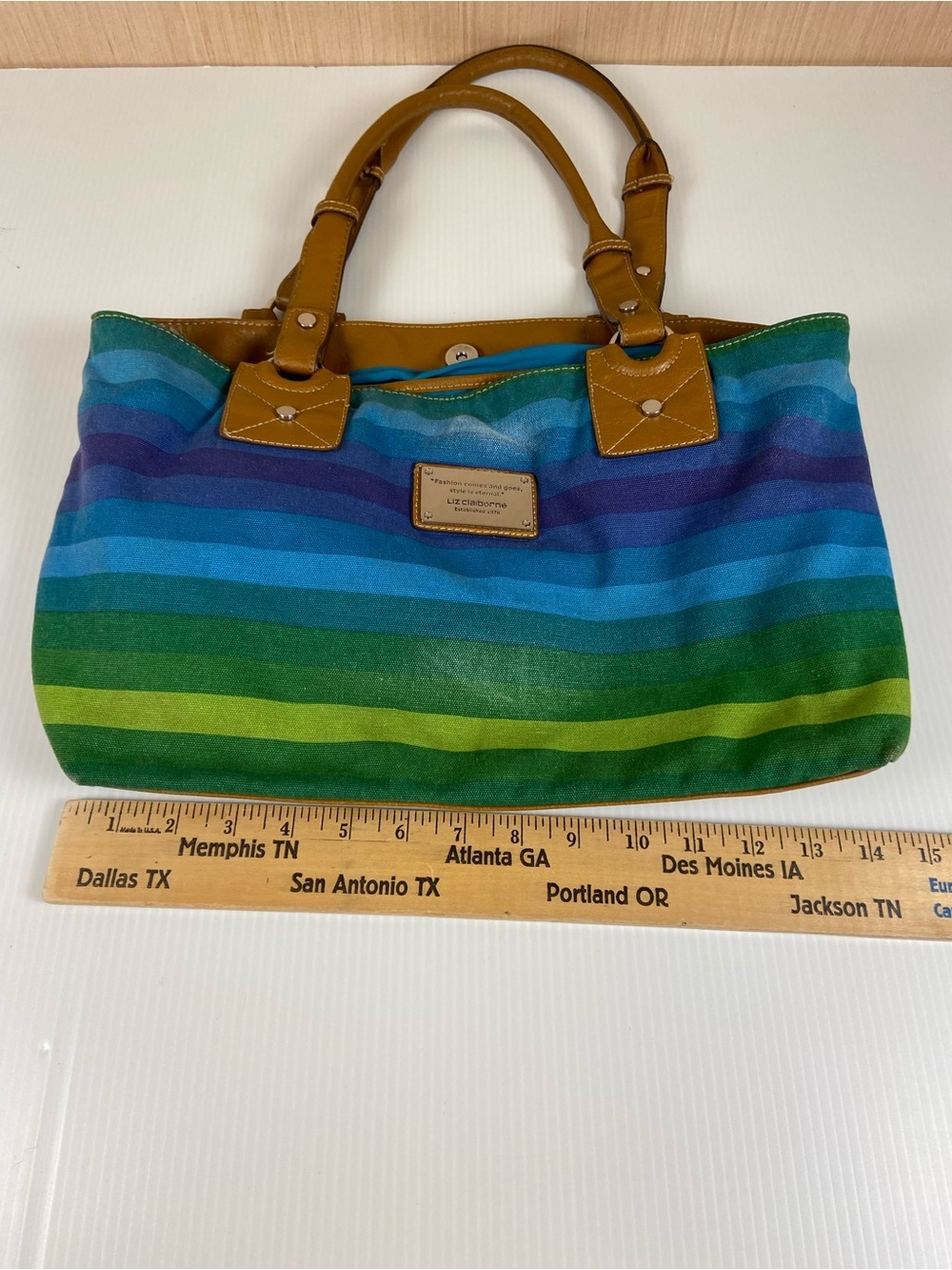 Liz Claiborne Blue Green Striped Canvas Tote Shoulder Bag - Picture 6 of 12